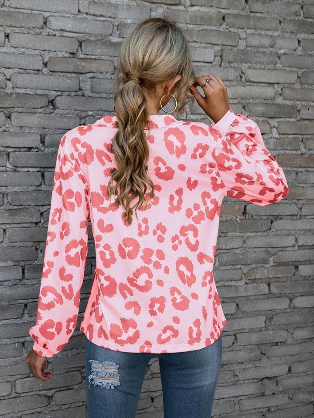 Women’s Pink Leopard Print V-Neck Button Blouse - Picture 2 of 4
